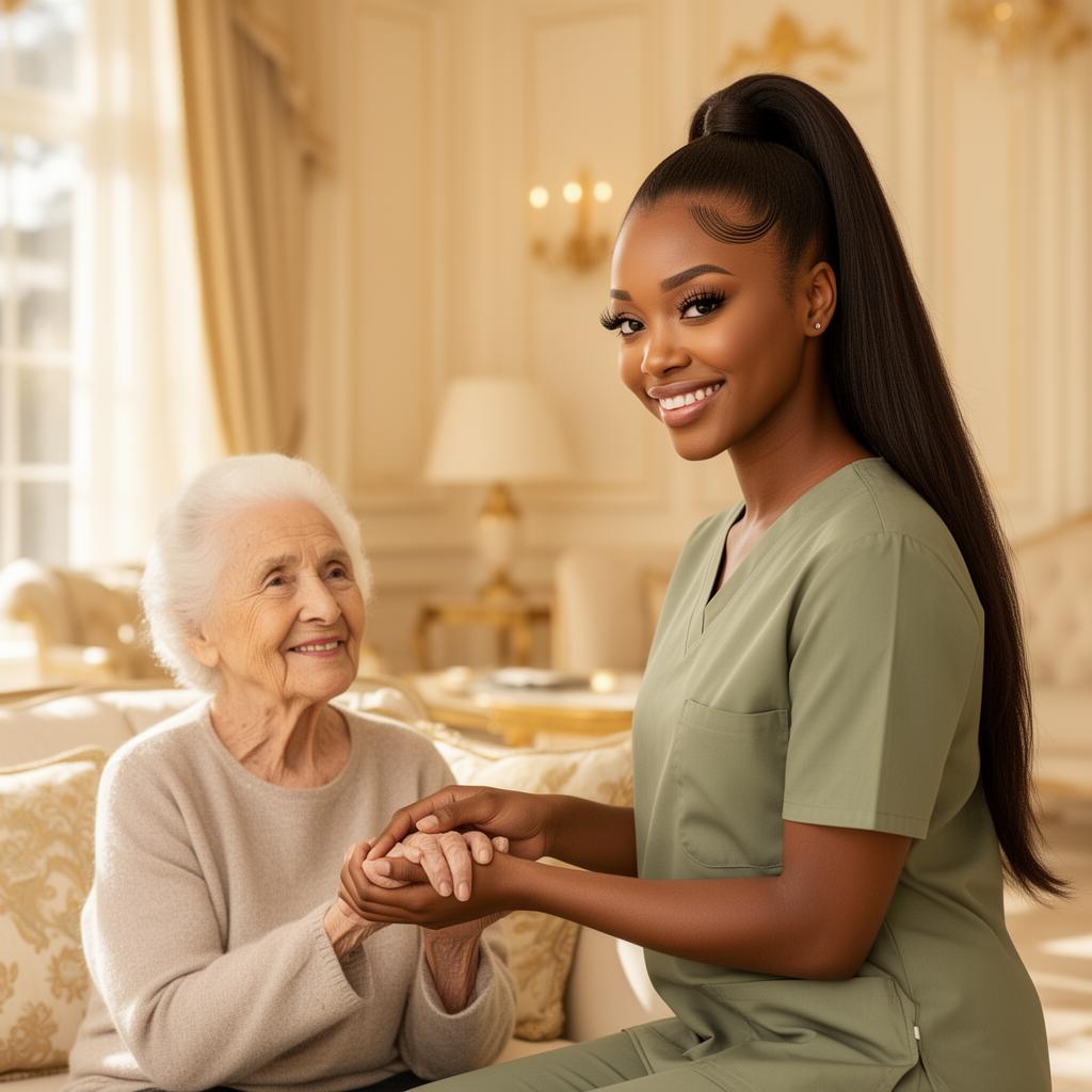 A caregiver gently holding the hand of an elderly client in a sunlit luxury living room